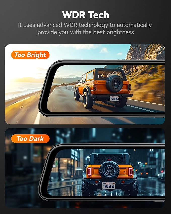 WOLFBOX G840S 12" 4K Mirror Dash Cam Backup Camera, 5.8GHz WiFi Smart Rearview - Image 9