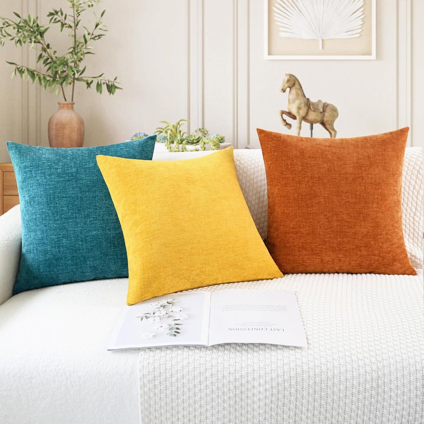 CaliTime Throw Pillow Covers Decorative 18 X 18 Inches Pack of 4 Cozy Chenille Cushion Cases for Couch Sofa Bed Living Room Home Mustard Yellow