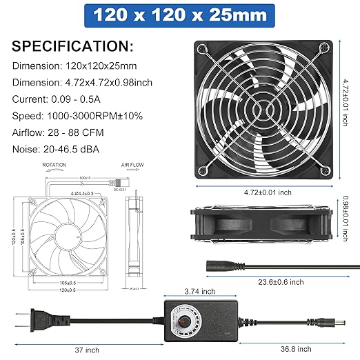 12V 120mmx25mm 4.72inch Small Dual Ball Bearing Window Fan IP44 Moisture-Proof - Image 6