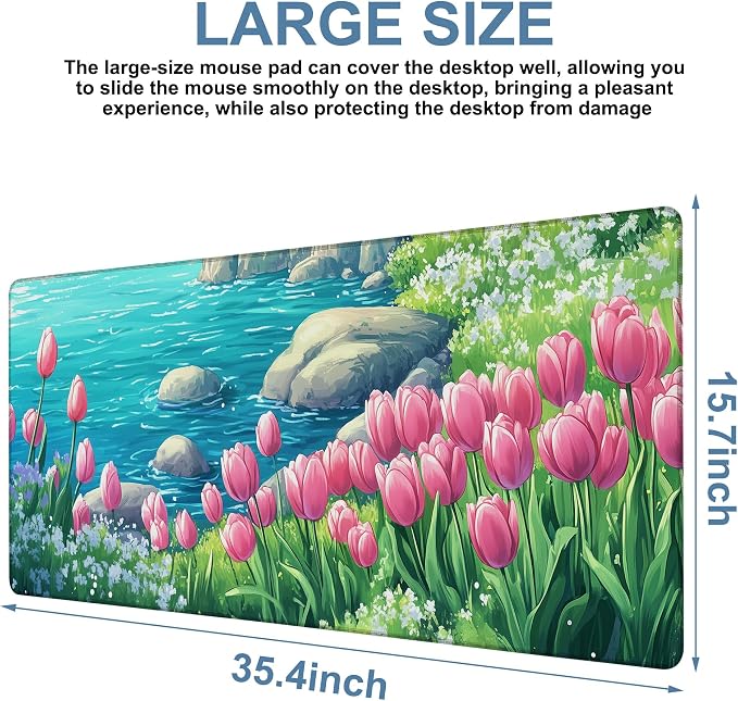 Large Mouse Pad Blooming Tulips Gaming Desk Pad Computer Keyboard Non-Slip - Image 3