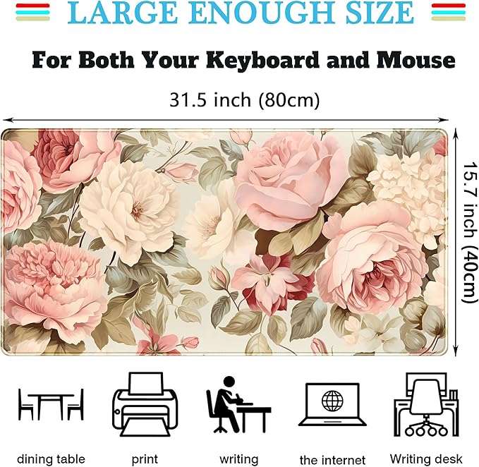 Cute Floral Desk Mat Pastel Roses Gaming Mouse Pad XXL Large Extended Flowers - Image 3