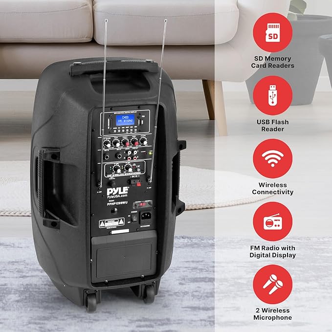 Pyle Wireless Portable PA Speaker, 1000W Bluetooth Loudspeaker, 12” Subwoofer - Image 3
