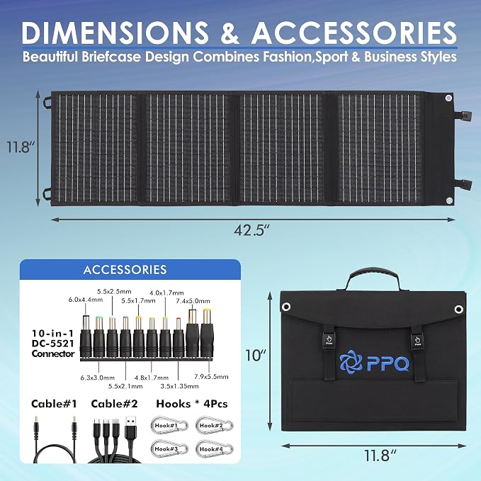 PPQ 40W Portable Solar Panel Kit 18V/2.2A, 3lb Foldable Briefcase Solar Charger - Image 6