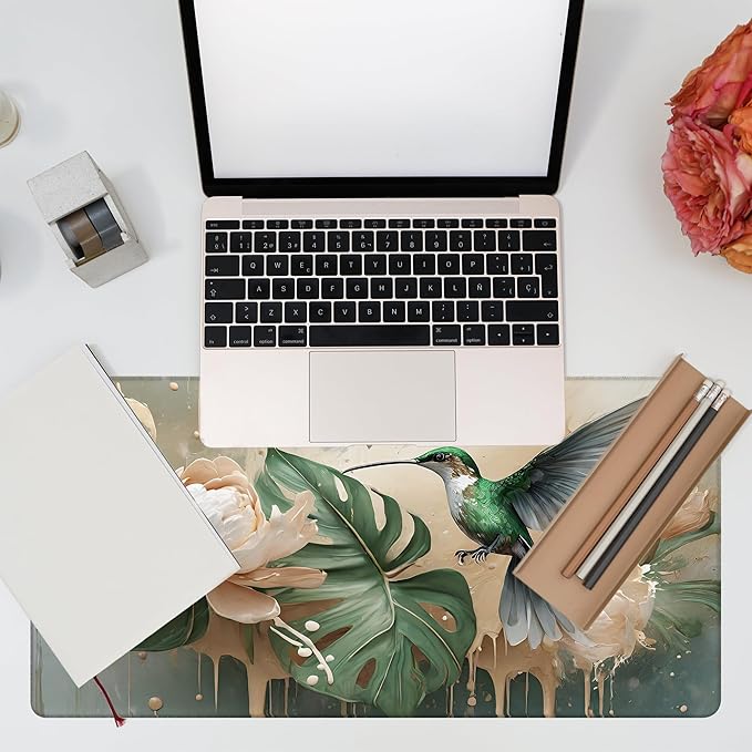 Desk Pad, Elegant Hummingbird Desk Mat, Oil Painting Flowers and Leaves Large - Image 7
