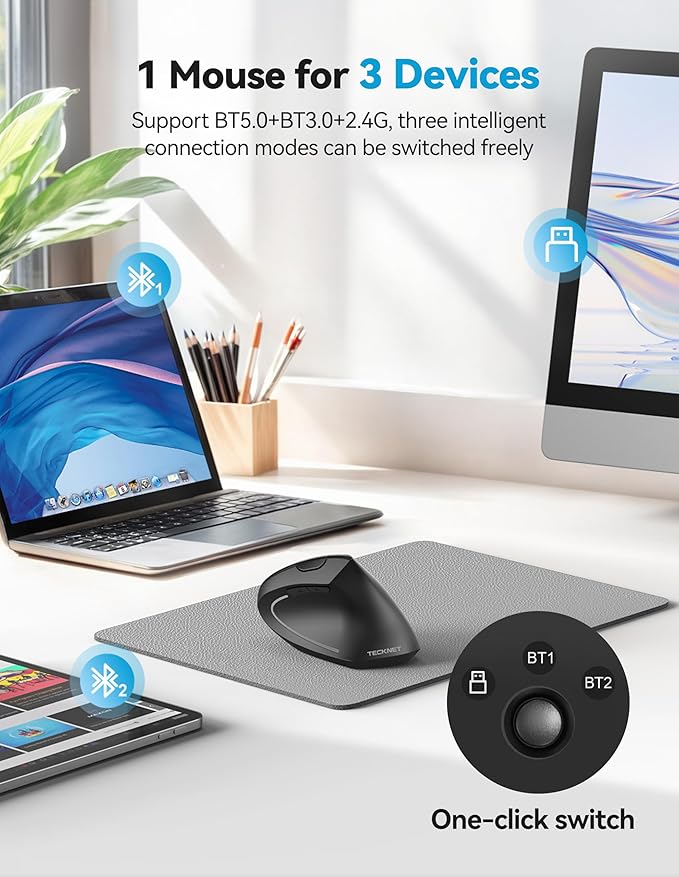 TECKNET Ergonomic Mouse, Rechargeable 2.4G+Bluetooth Vertical Mice 6 DPI - Image 2