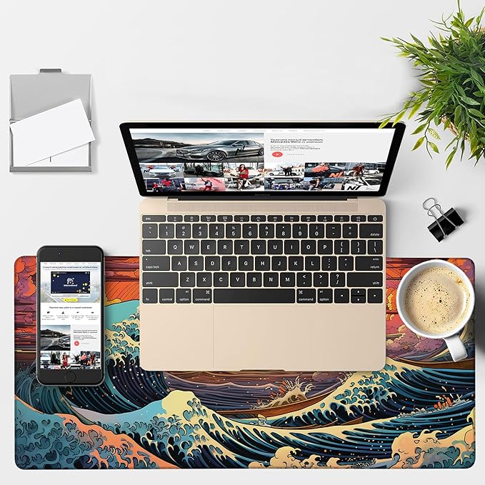 Gaming Desk Pad Large Extra Length Japanese Blue Waves Mouse Pad Keyboard - Image 4