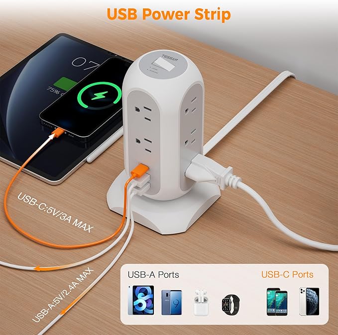 Surge Protector Power Strip Tower 10 Ft, TESSAN Flat Plug Extension Cord - Image 6