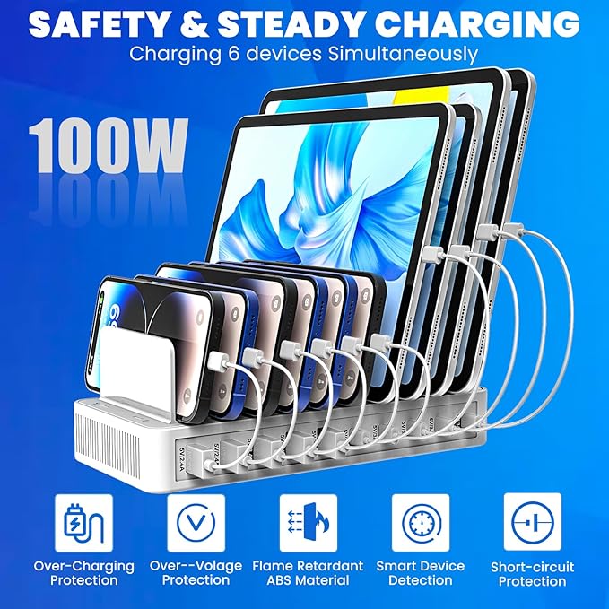 Charging Station for Multiple Devices, 100W 10 Ports Flat Plug Charging Dock - Image 2