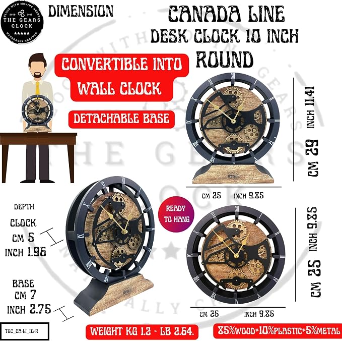 Desk Clock 10 inches with Real Moving Gears Convertible into Wall Clock - Image 7