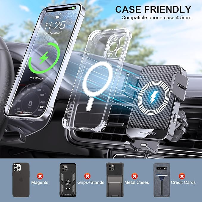 Wireless Car Charger, MOKPR 15W Fast Charging Auto-Clamping Car Charger Phone - Image 6