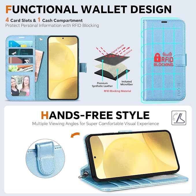 TUCCH Case Wallet for Galaxy S25 Plus, Removable Wrist Strap PU Leather - Image 5