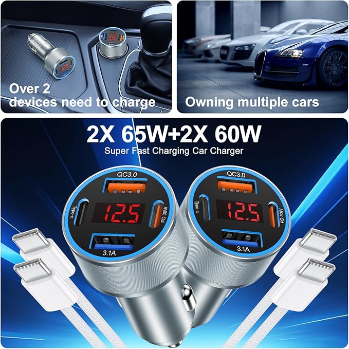 iPhone Fast Car Charger, 65W 4-Port USB C Car Phone Charger Adapter - Image 2