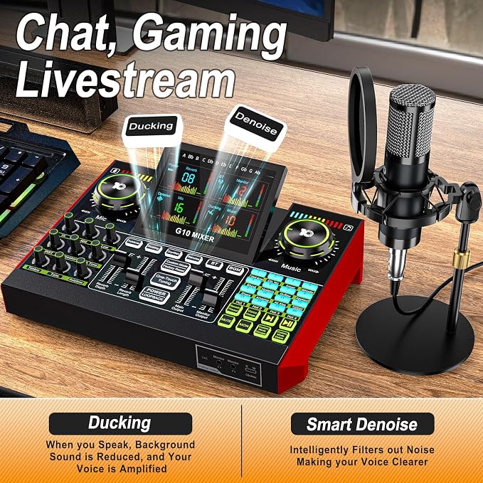 Podcast Microphone Bundle with Live Sound Card Audio Mixer, 3.5mm Condenser - Image 5