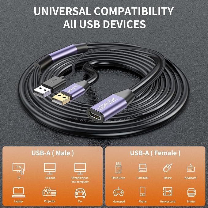 LDKCOK USB 2.0 Type A Male to A Female Active Repeater Extension Cable 60ft - Image 2