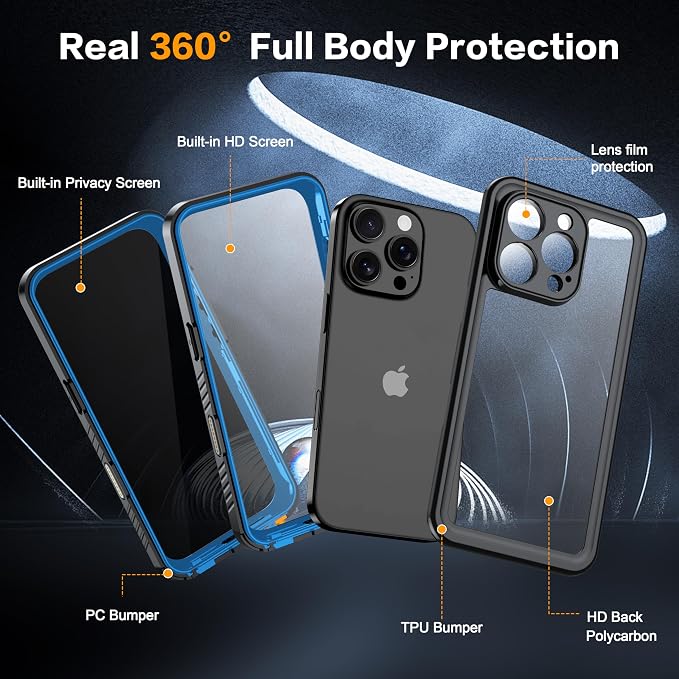 for iPhone 16 Pro Case Waterproof, Built-in Privacy Screen & HD Screen Double - Image 2