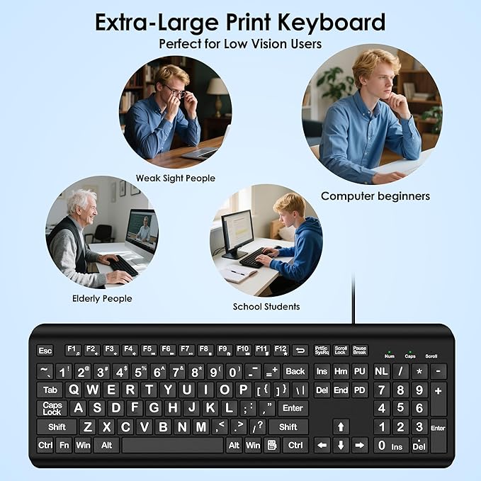 Large Print Computer Keyboard, Wired USB Full Size Quiet Keyboard - Image 7
