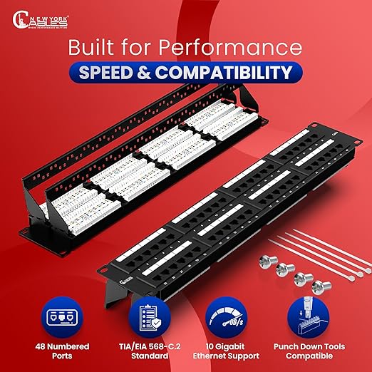 NewYork Cables 48 Port Cat6 Patch Panel – 10Gb Ethernet, 2U Rackmount 19-Inch - Image 2
