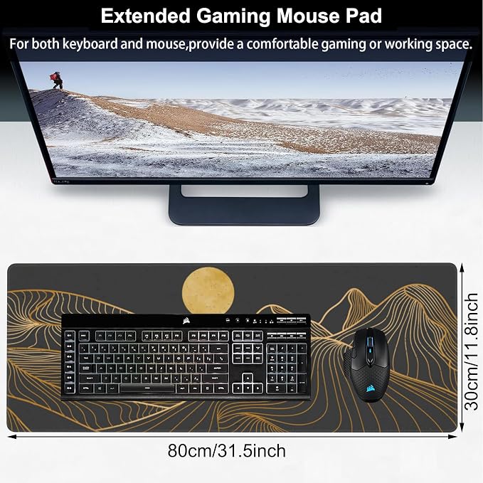 Abstract Golden Mountain Desk Mat, Large Gold Line Art Gaming Keyboard Mouse Pad - Image 2