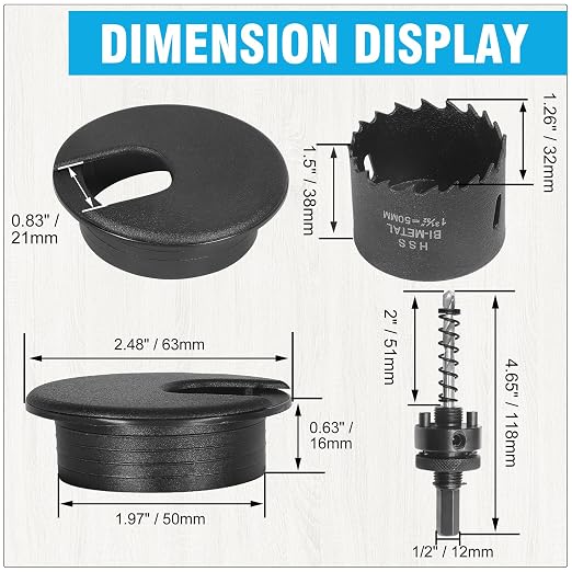2" Black Desk Grommet with Bi-Metal Hole Saw, JTemgle Plastic Cable Hole Cover - Image 2