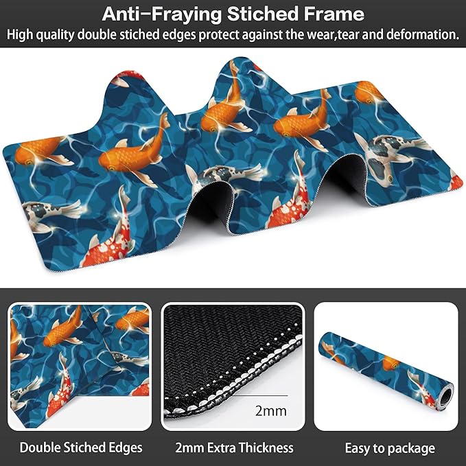 Koi Carps Desk Mat, Large Swimming Koi Fish Gaming Keyboard Mouse Pad, Non-Slip - Image 3