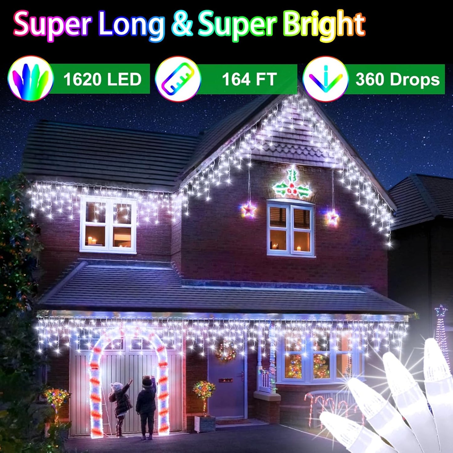 1620 LED Christma Lights with 360 Drops, 164ft Outdoor Hanging lights with 8 Modes & Timer Memory, Outsite Waterproof Curtain String Lights for Front House Fence Tree Holiday Decorations (Cool White)