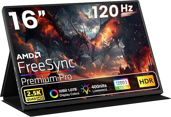 Portable Gaming Monitor 16 Inch QHD 2.5K 2560X1600 16:10 120 Hz Free-Sync 100% by Upperizon