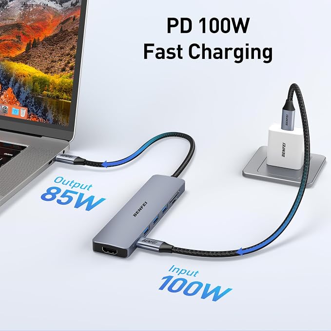 BENFEI USB C HUB 7-in-1 with HDMI, 100W Power Delivery, 3*USB 3.0, SD/TF Card - Image 6