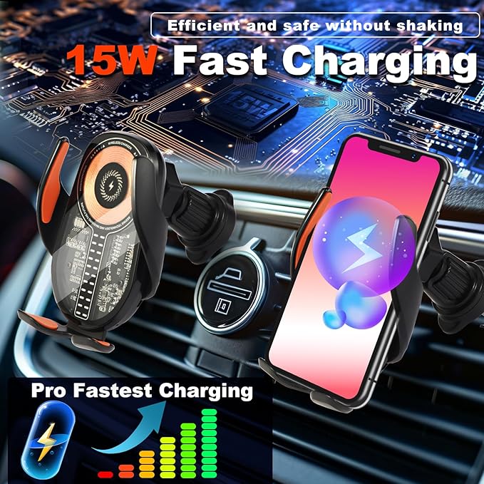 Wireless Car Charger, Cell Phone Car Mount 15W Fast Charging Auto Clamping - Image 3