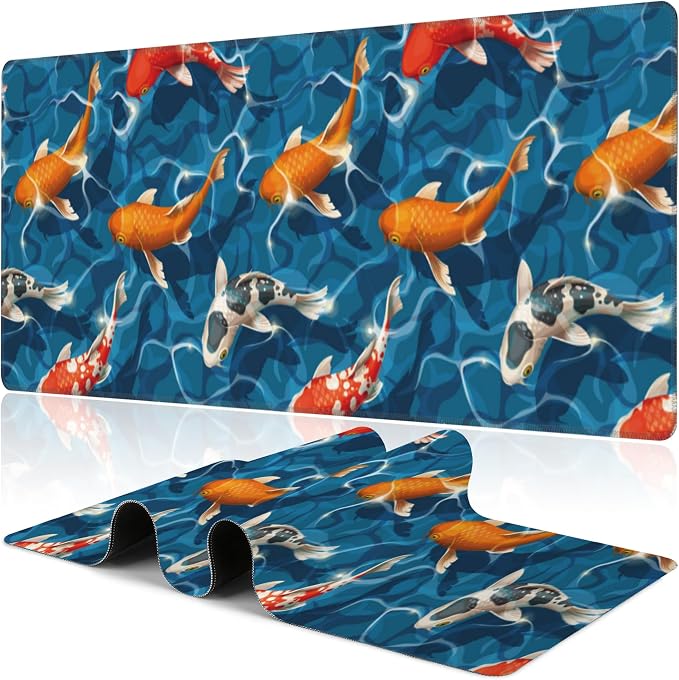 Koi Carps Desk Mat, Large Swimming Koi Fish Gaming Keyboard Mouse Pad, Non-Slip by NIYLYNSYN