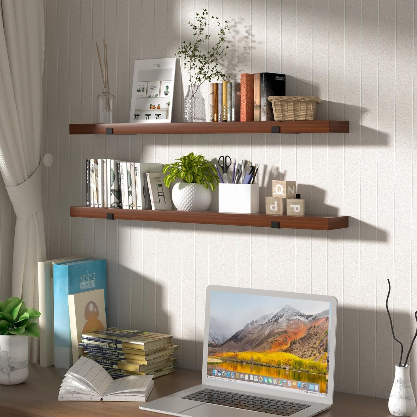 CONSDAN Floating Shelves for Wall Mounted Book Shelf Hanging Shelves Floating Bookshelf for Bedroom, Bathroom, Living Room, Kitchen USA Grown Solid Hardwood, Dark Maple 48x7.5x1.5 in (Set of 3)