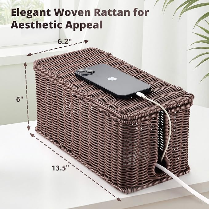 Large Cable Management Box, Handwoven Imitation Rattan Cord Organizer Cord - Image 2