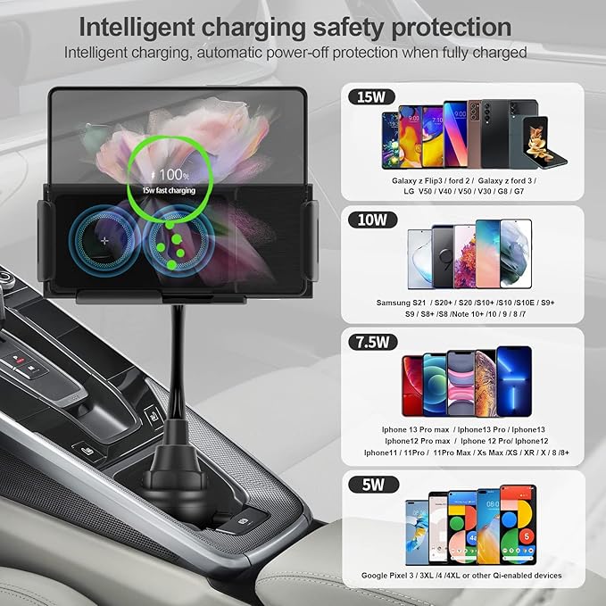 Wireless Car Charger for Z Fold 6/5/4/3, Dual Coil Cup Holder Phone Mount for - Image 5