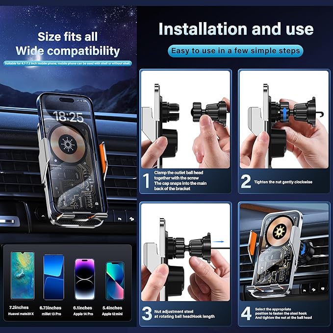 Wireless Charger Holder, Auto Clamp Vent Phone Mount - 15W Fast Charging Dual - Image 9