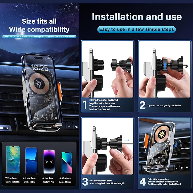 Wireless Car Charger Holder, 15W Fast Charging Car Phone Holder Charger - Image 9
