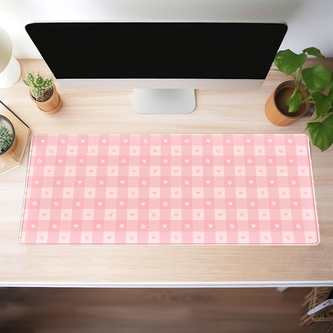 Pink Minimalist Gingham Floral Desk Mat Gaming Mouse Pad Large Cute Pastel Desk - Image 3