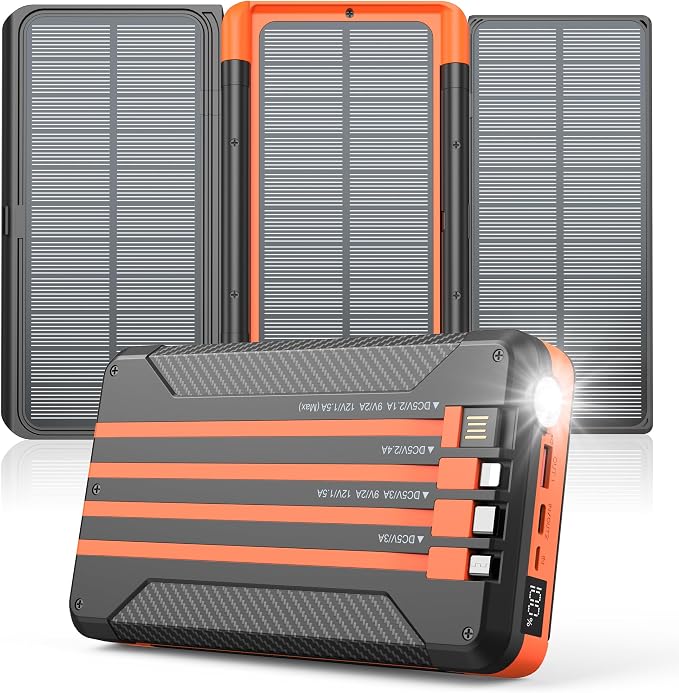 Power Bank Solar Charger 46800mAh Built in 4 Cables 3 Foldable Solar Panels by Jinepin