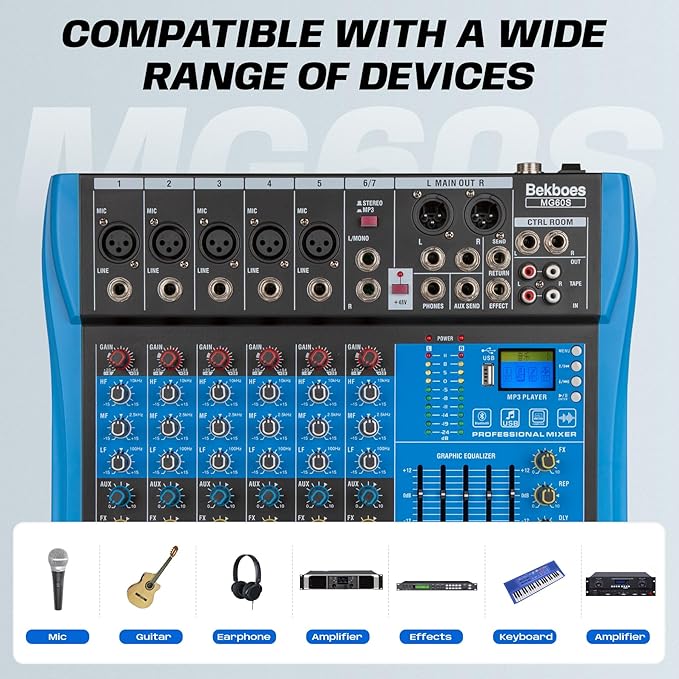 Professional Audio Mixer, 6 Channel, Input 48V Phantom Power Stereo Digital USB - Image 6