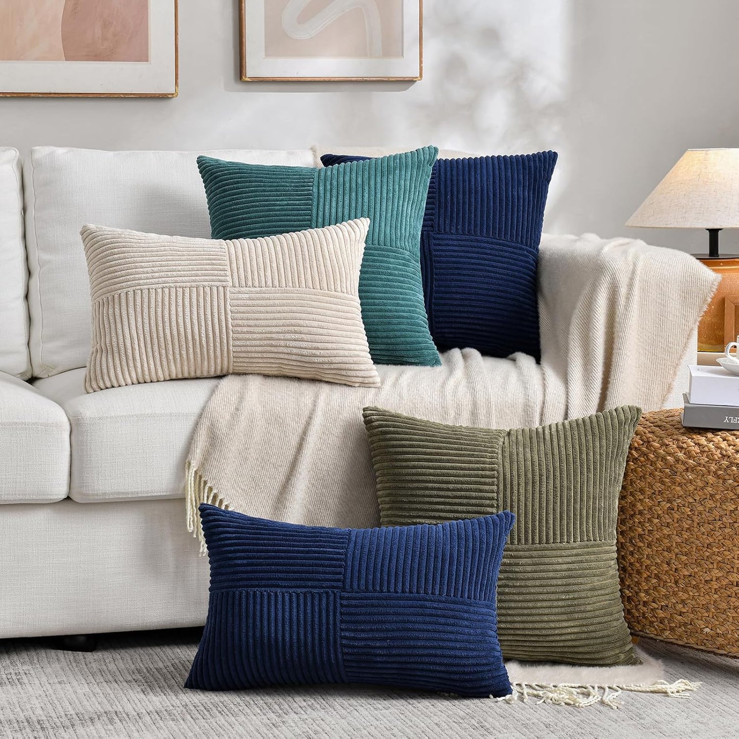 Fancy Homi 2 Packs Tan Lumbar Decorative Throw Pillow Covers 16x28 Inch for Living Room Couch Bed Sofa, Boho Home Decor, Soft Striped Corduroy Rectangle Accent Beige Cushion Case 40x70 cm