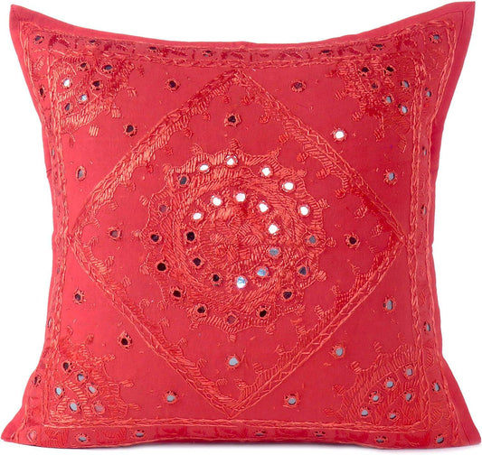 Eyes of India Embroidered Decorative Boho Throw Pillow Cover with Mirrors, Handmade Bohemian Accent Cushion Case for Sofa Couch Bedroom Living Room (Red, 24" x 24")