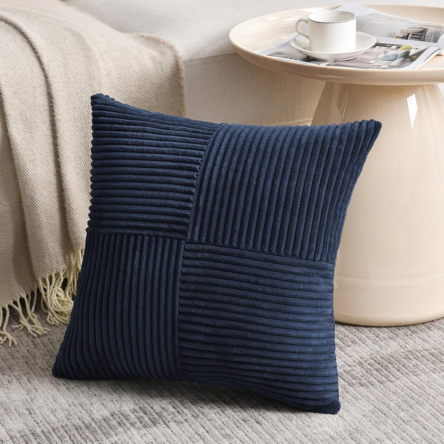 Fancy Homi 2 Packs Navy Blue Euro Decorative Throw Pillow Covers 28x28 Inch for Living Room Couch Bed, Farmhouse Boho Home Decor, Soft Corss Corduroy Patchwork Textured Square Cushion Case 71x71 cm