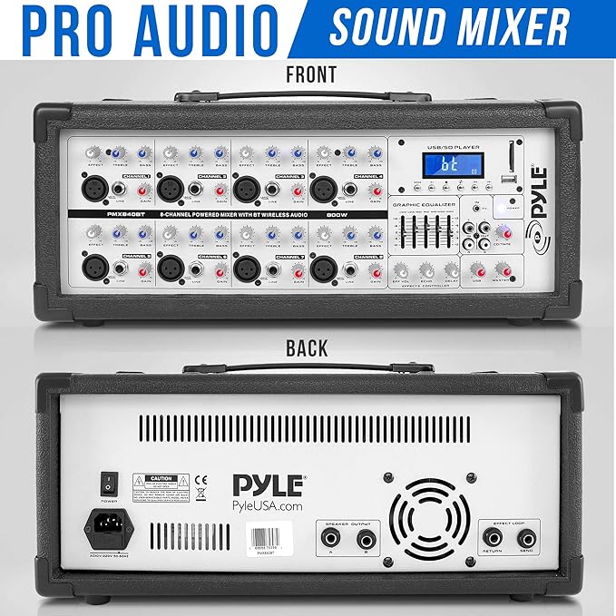 PyleUsa 8 Channel Bluetooth Stage Powered Mixer, 800 Watt Pro Audio Sound Mixer - Image 2