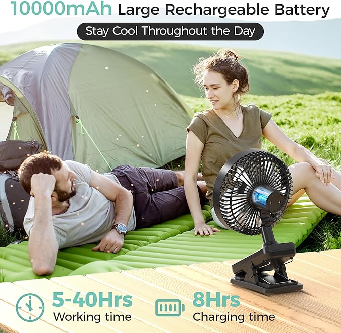 7-Inch Clip On Fan, 10000mAh Rechargeable Battery Operated Desk Fan, Auto - Image 2