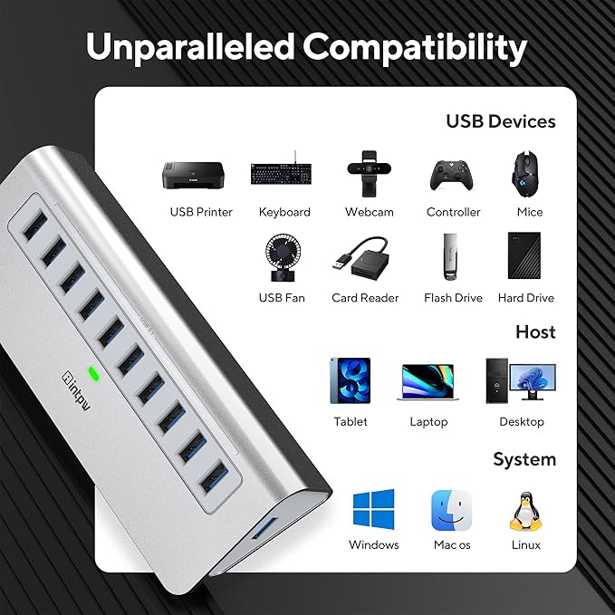 Powered USB Hub, intpw 10 Port USB 3.1 Hub - Image 6