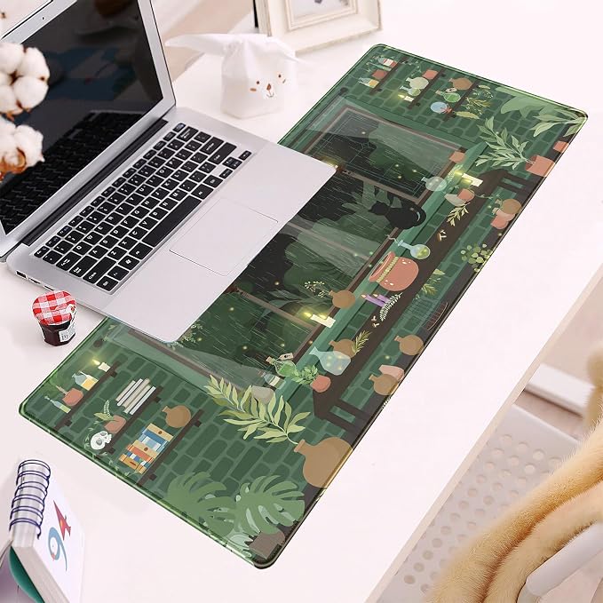 Kawaii Rainy Night Desk Mat Green Plants Gaming Mouse Pad XL, Aesthetic Anime - Image 6