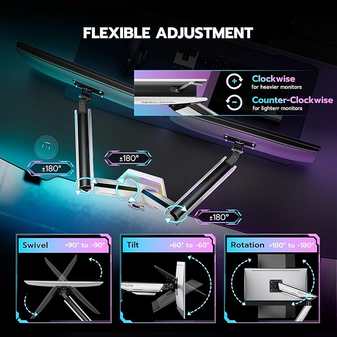 ARES WING RGB Dual Monitor Arm for 17-38" Ultrawide Screens, Holds 35.2lbs - Image 4