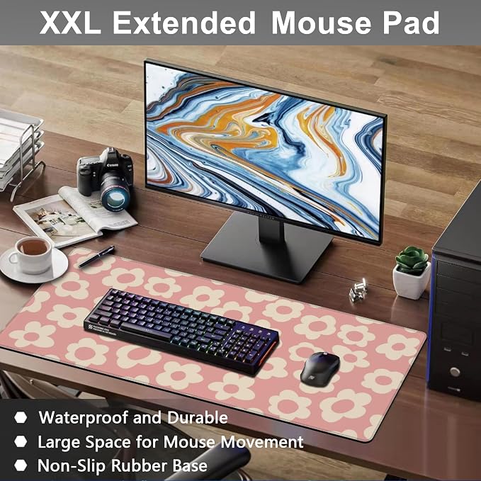 Mouse Pad, Large Pink Groovy Flowers Desk Mat, Extended Non-Slip Gaming - Image 6
