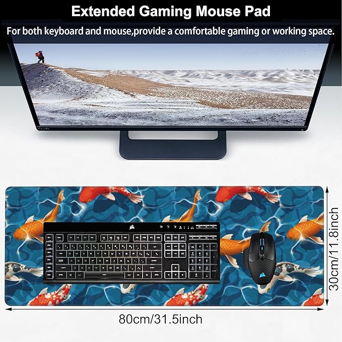 Koi Carps Desk Mat, Large Swimming Koi Fish Gaming Keyboard Mouse Pad, Non-Slip - Image 2
