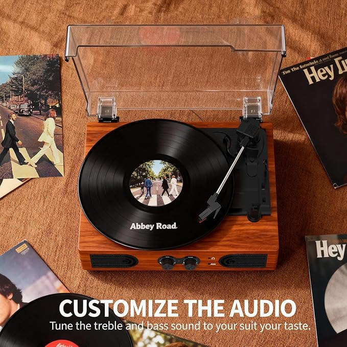 Vinyl Record Player with Walnut Finish, 3-Speed Belt-Drive Turntable with - Image 9