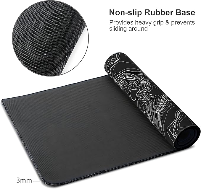 Black with White Topographic Line Large Mouse Pad, Gaming Keyboard Desk Pad - Image 4