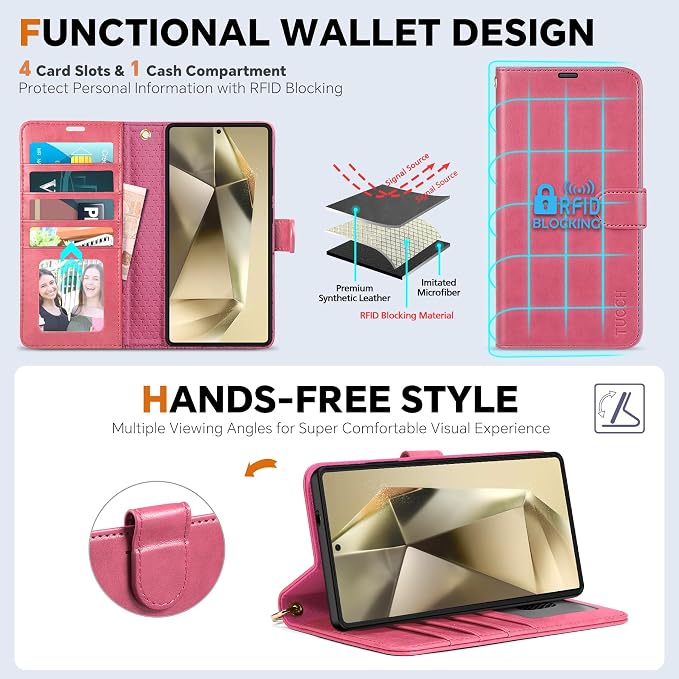 TUCCH Case for Galaxy S25 Ultra, 2 in1 Magnetic PU Leather Wallet Case Wrist - Image 5